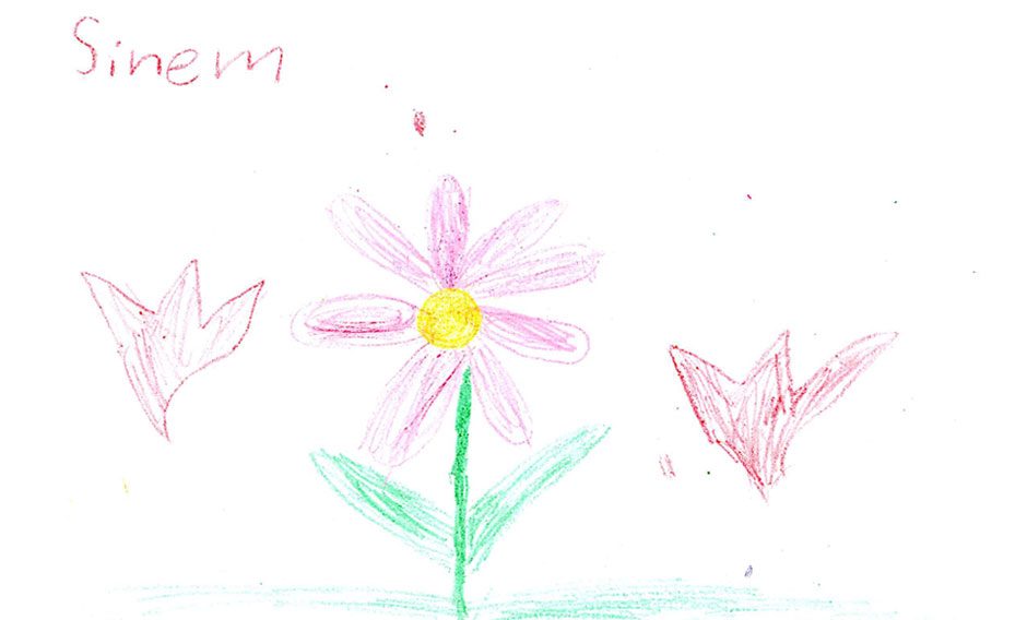 Kinderzeichnung einer Blume mit rosa Blüte, gezeichnet von Sinem für die Gemeinschaftspraxis Wettingen